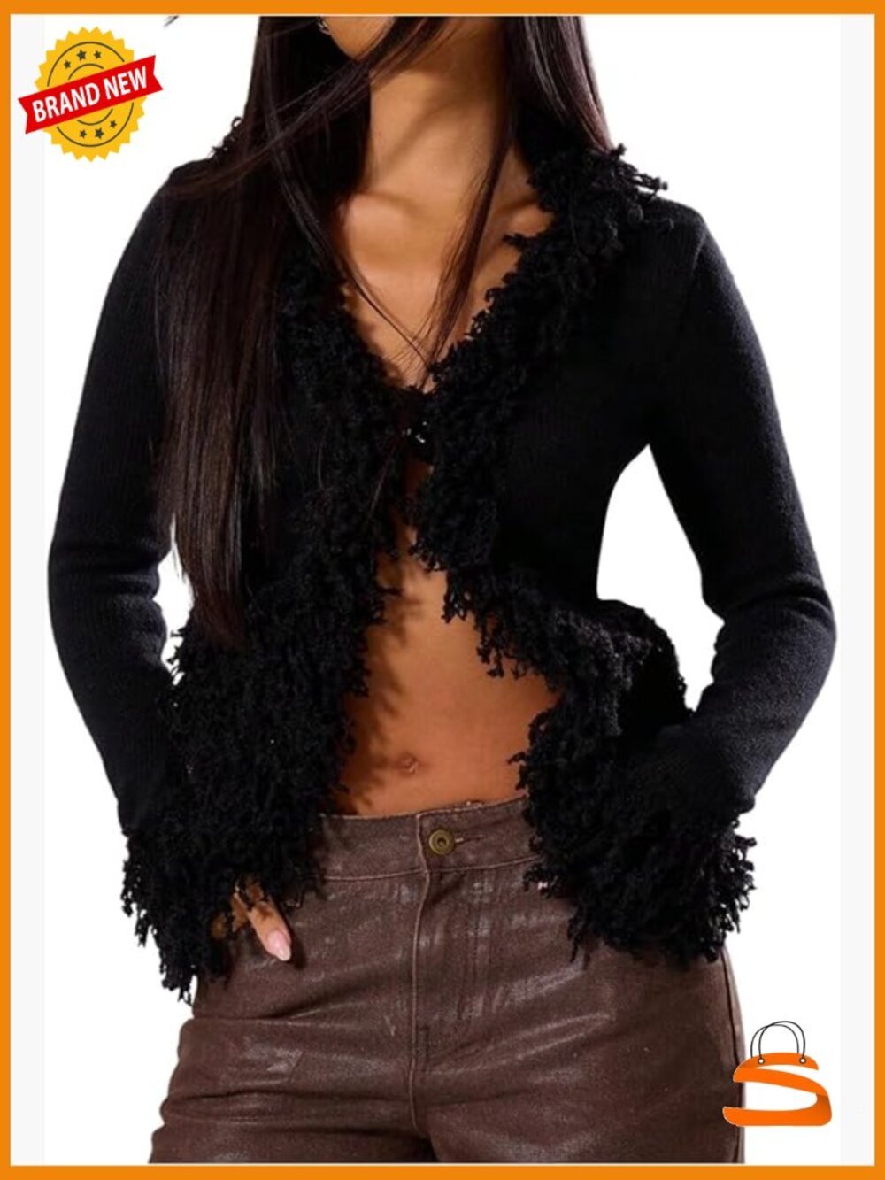 Fuzzy Trim Cardigan Sweater Goth Punk V Neck Long Sleeve Knit Outerwear